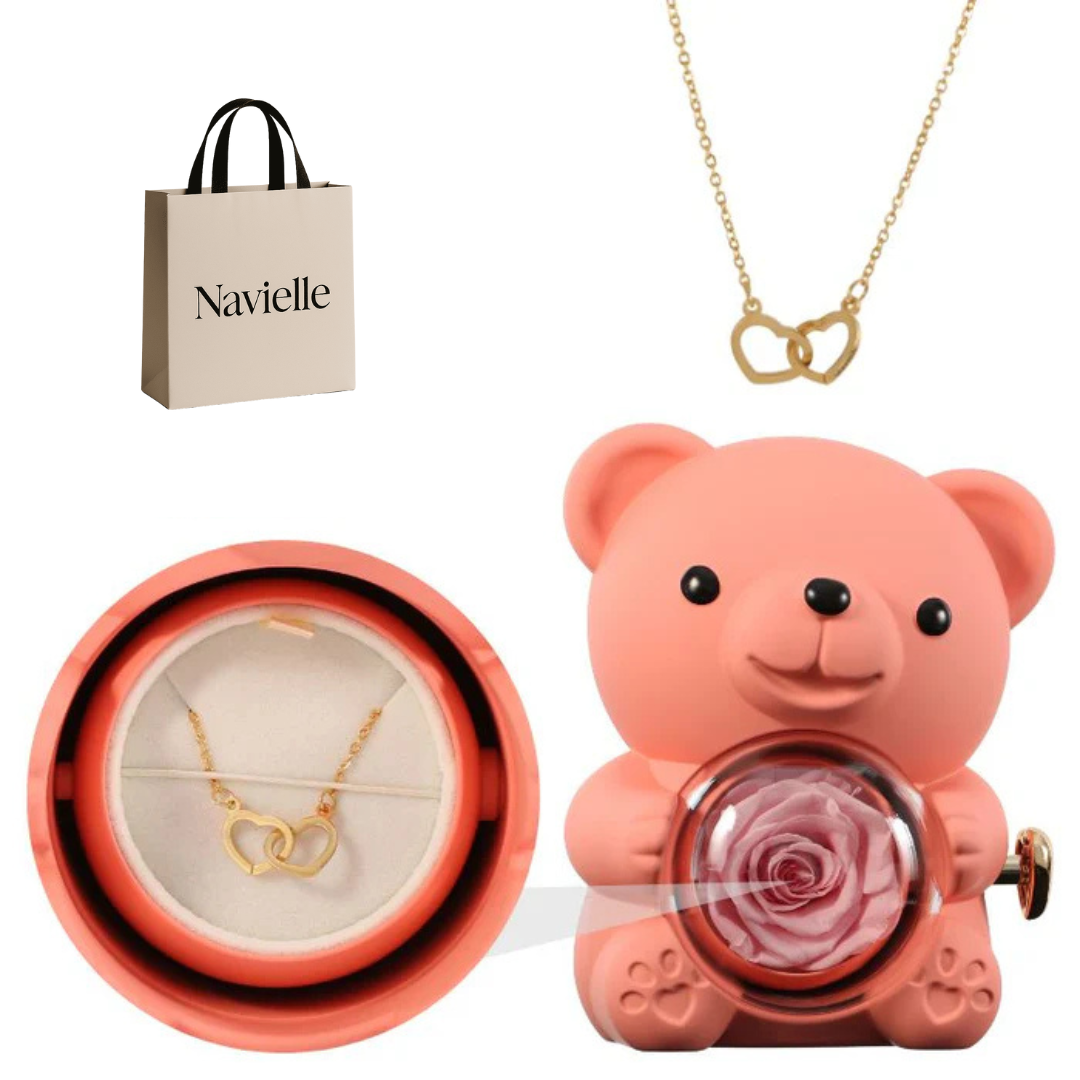 Ours Éternel d'Amour + Collier Personnalisé Cœurs Enlacés