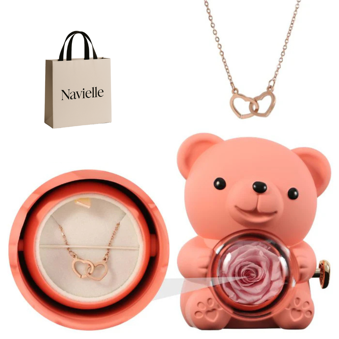 Ours Éternel d'Amour + Collier Personnalisé Cœurs Enlacés