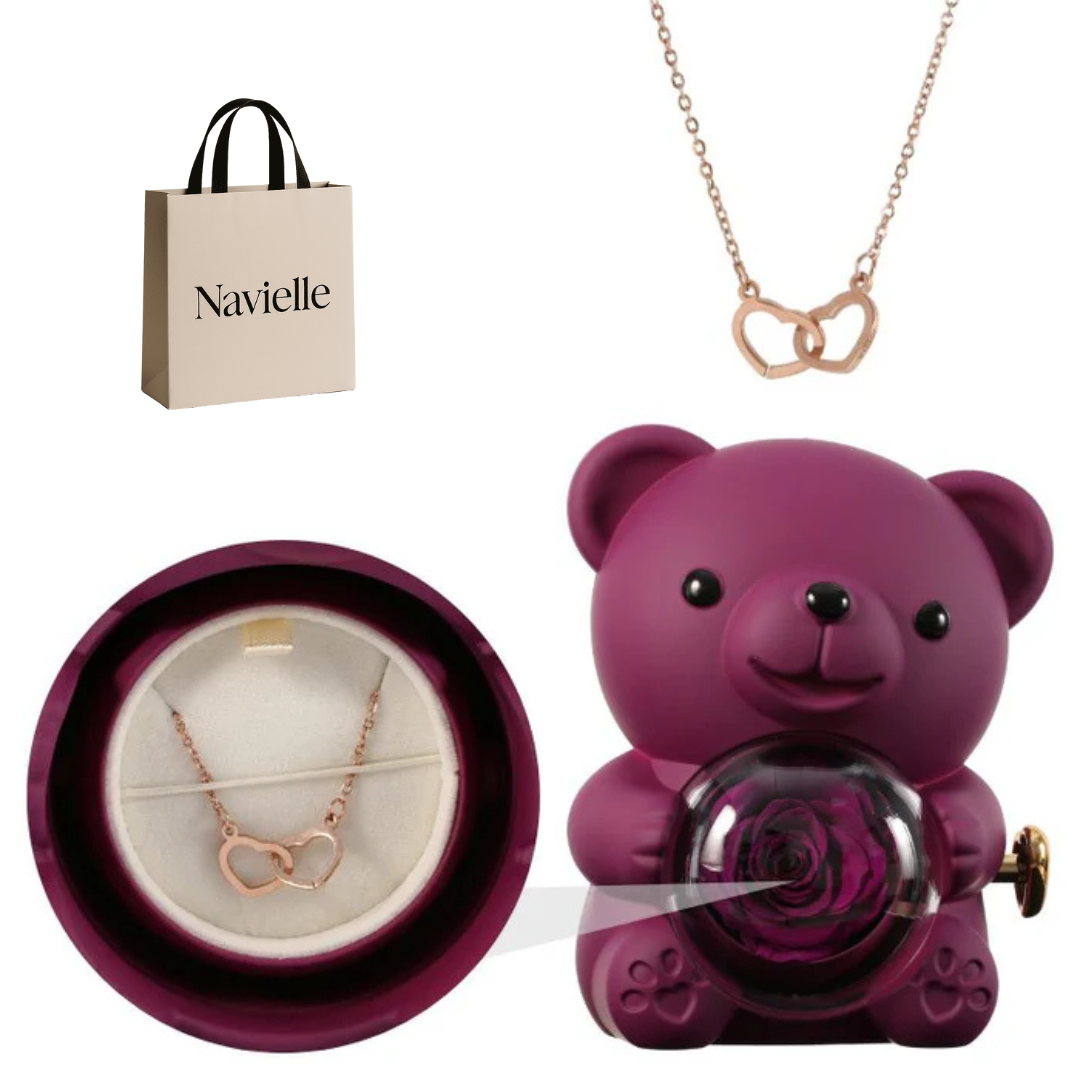 Ours Éternel d'Amour + Collier Personnalisé Cœurs Enlacés