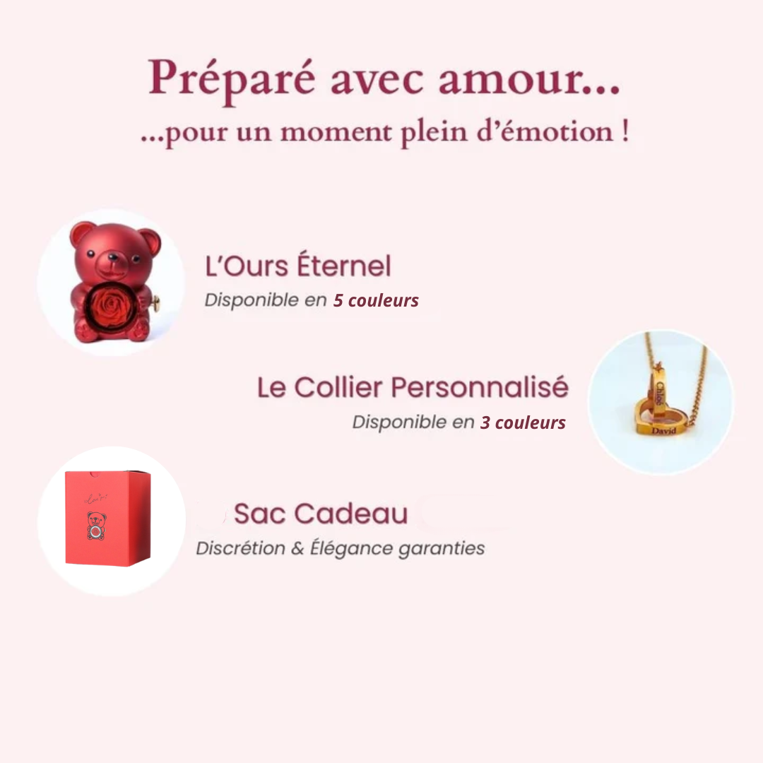 Ours Éternel d'Amour + Collier Personnalisé Cœurs Enlacés
