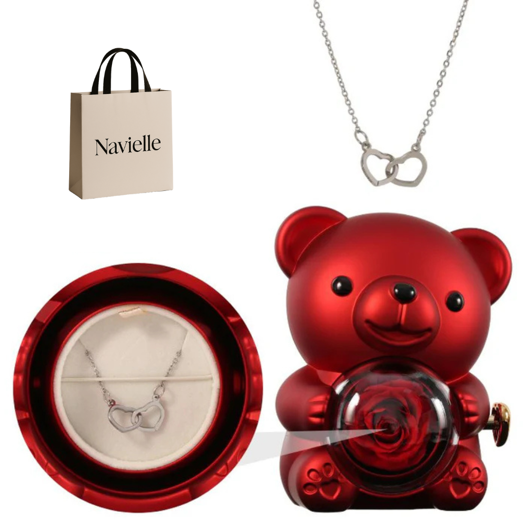 Ours Éternel d'Amour + Collier Personnalisé Cœurs Enlacés