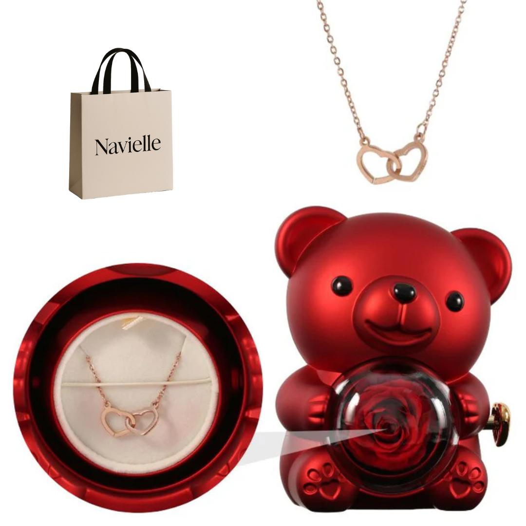 Ours Éternel d'Amour + Collier Personnalisé Cœurs Enlacés