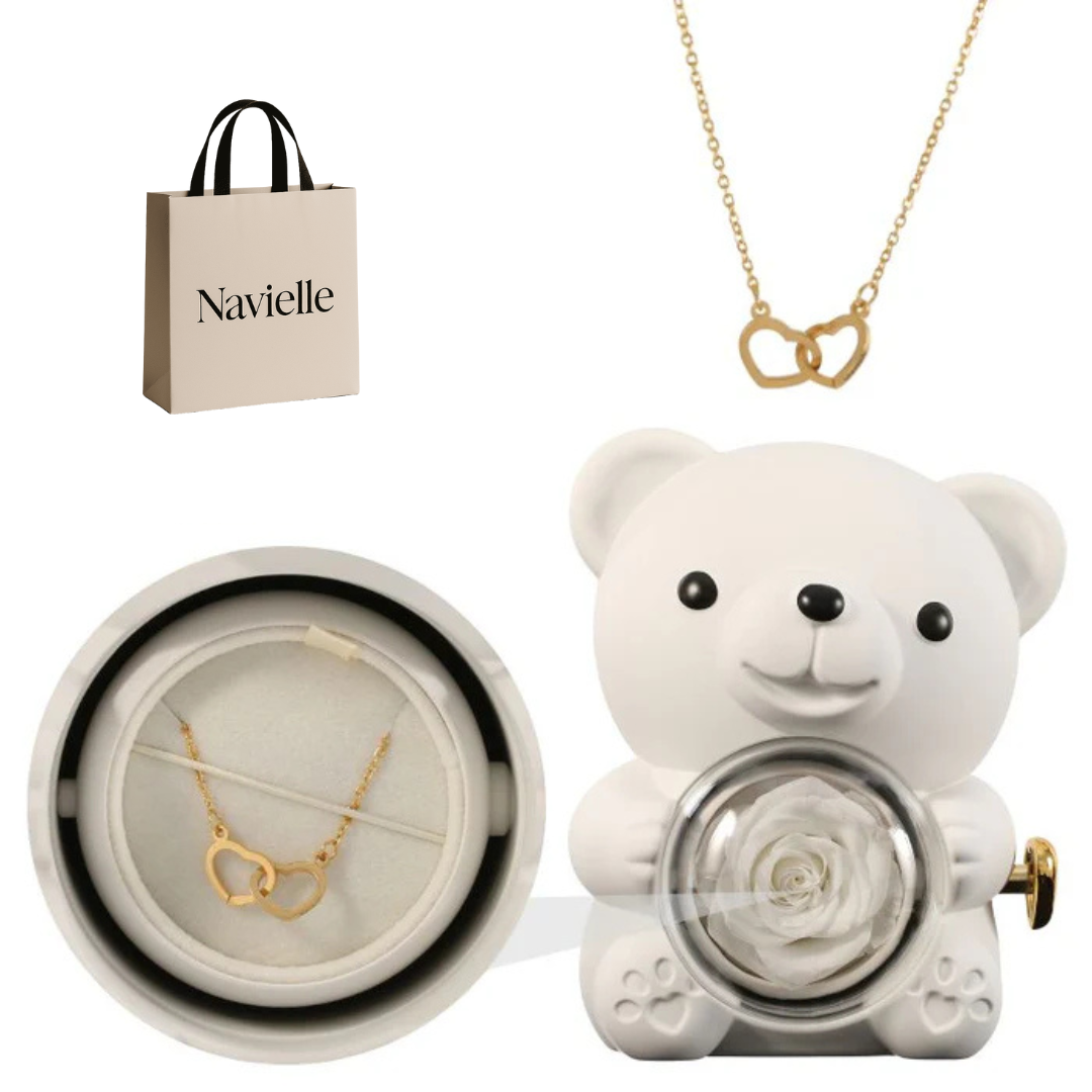 Ours Éternel d'Amour + Collier Personnalisé Cœurs Enlacés